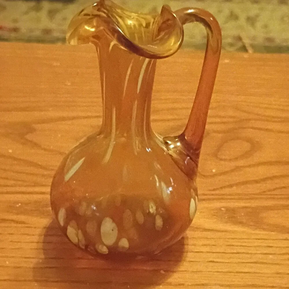 Amber White Hand Blown Art Glass Cruet Bulbous Spotted Pattern Glossy Finish